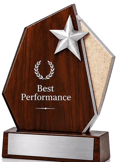 Faceted walnut trophy with a silver star and laurel, engraved “Best Performance”