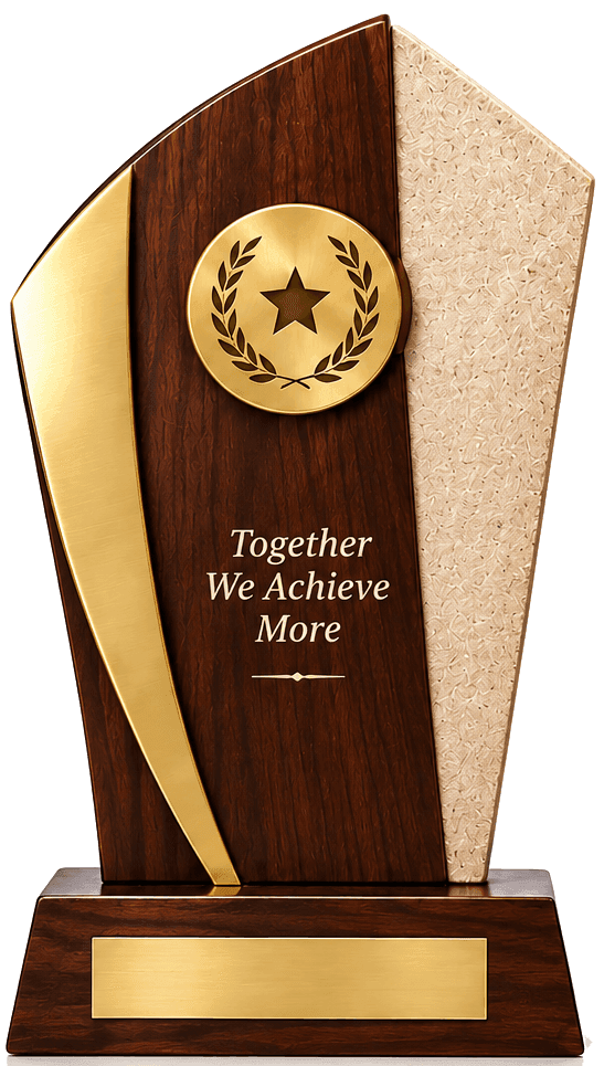 Walnut wood trophy with a gold laurel-and-star medallion and brushed-gold swoosh, engraved “Together We Achieve More”